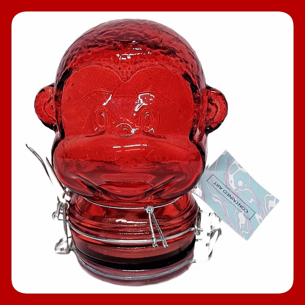 Contained Art Red Glass Monkey Head Jar Airtight Wire Bale Clamp Lid Brand New